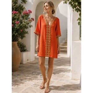 NWT Harris Cotton 100% Linen Dress Small Orange Gold Trim Made in Greece Resort